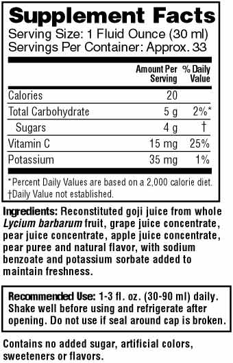 Goji Juice Natural Berry Fruit Health Benefits Supplement Facts Nutrients Anti Aging Research